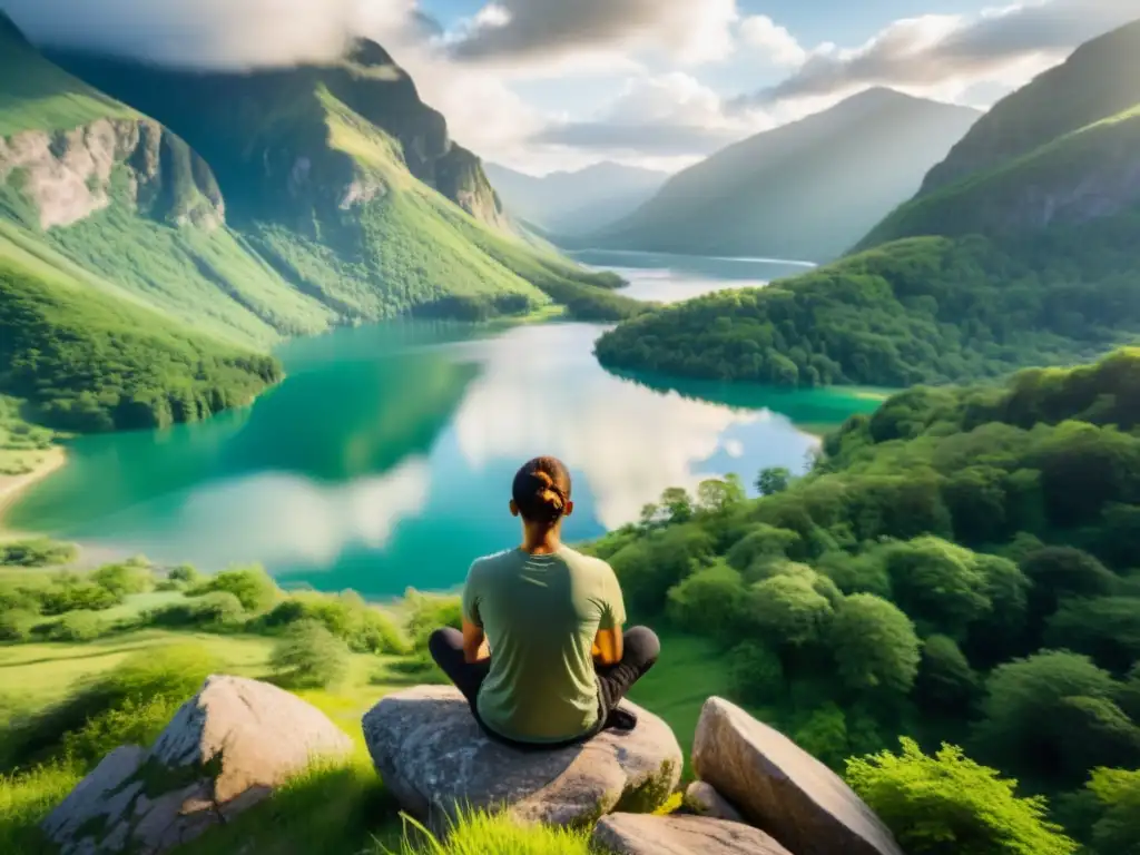 Práctica de respiración Método Wim Hof en la cima de la montaña, en armonía con la naturaleza y la serenidad del lago