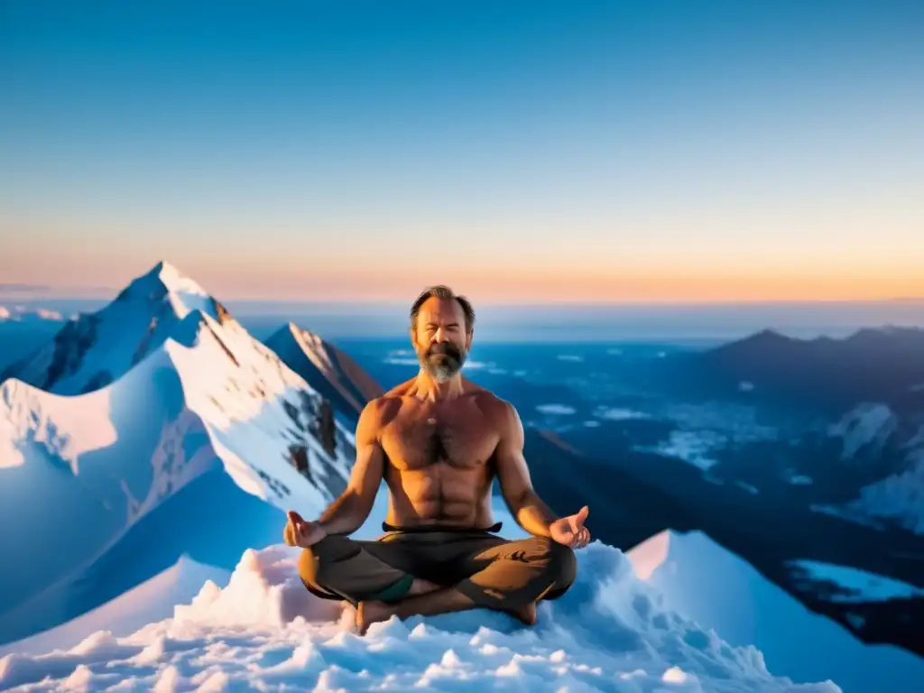 Wim Hof medita en la cima nevada, su calor derrite la nieve