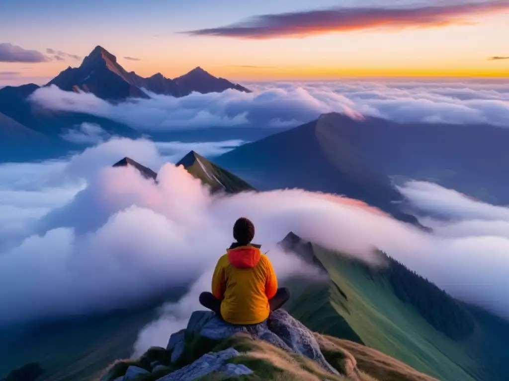 Practicando holotrópica respiración en la cima de la montaña al amanecer, sanación emocional y beneficios respiración holotrópica