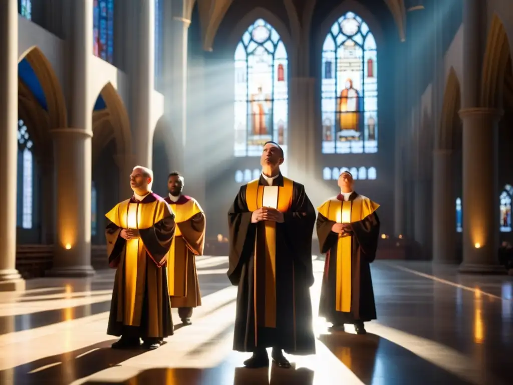 Un círculo de cantantes en túnicas de monje entona canto gregoriano en una catedral iluminada por el sol