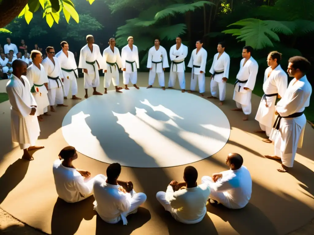 Un círculo de capoeira en la naturaleza con practicantes vestidos de blanco, transmitiendo el poder de la respiración en Capoeira