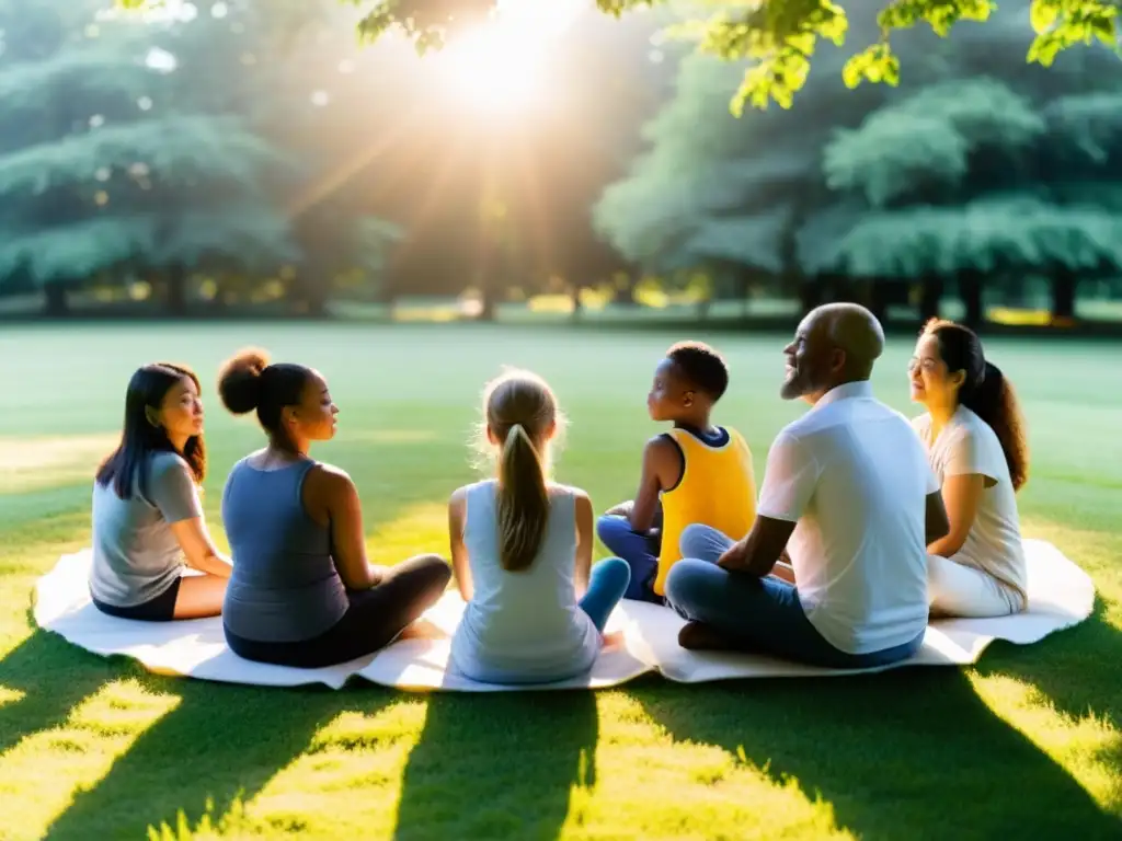 Un círculo de diversidad etaria practica respiración consciente en un campo soleado