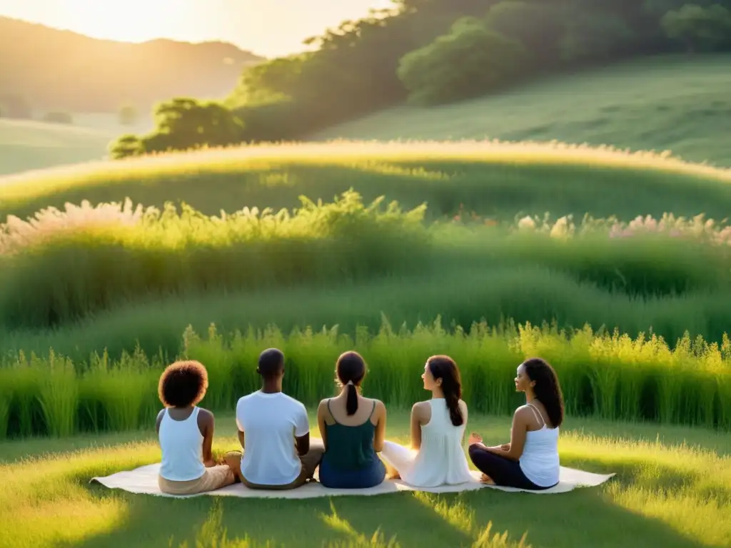 Un círculo de individuos diversos practicando respiración consciente en un prado verde, bajo la luz dorada del sol