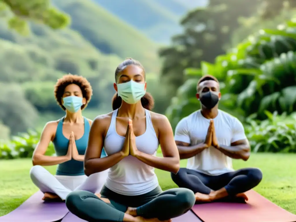 Un círculo de influencers en diferentes posturas de yoga, usando mascarillas en medio de la naturaleza, destacando la importancia de la salud respiratoria y las colaboraciones efectivas