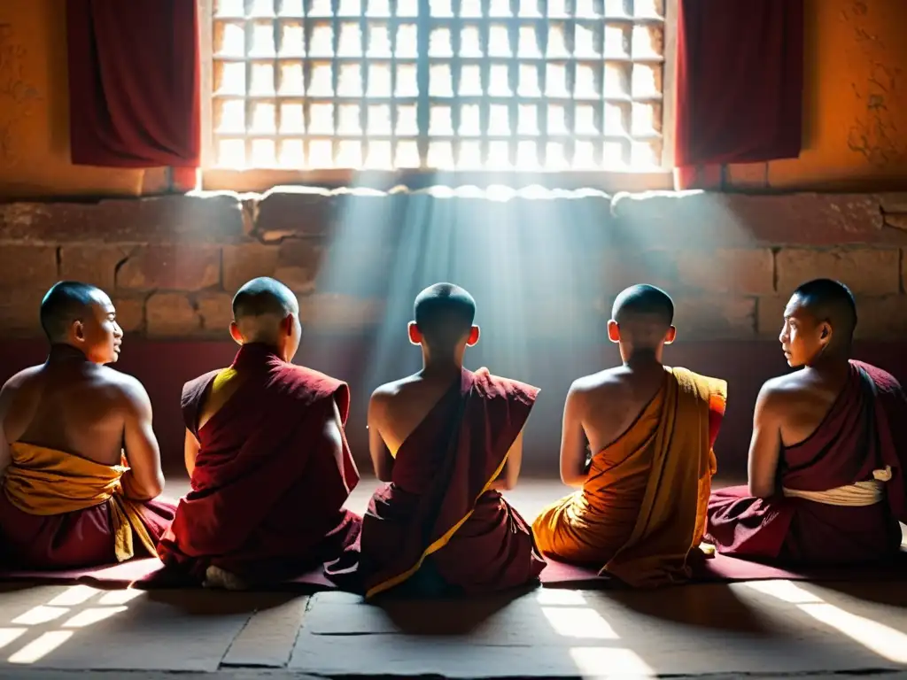 Un círculo de monjes tibetanos en profunda meditación, iluminados por rayos de luz