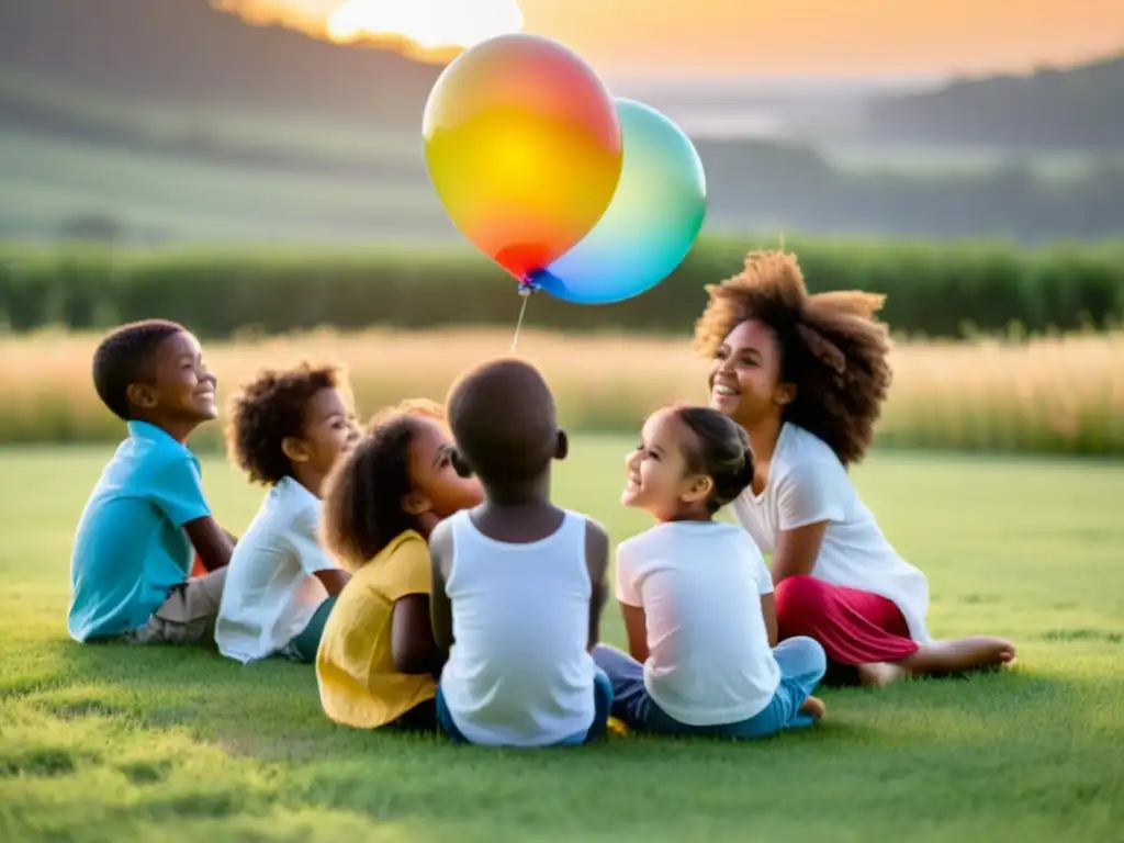 Un círculo de niños en un campo, practicando ejercicios de respiración con globos de colores al atardecer