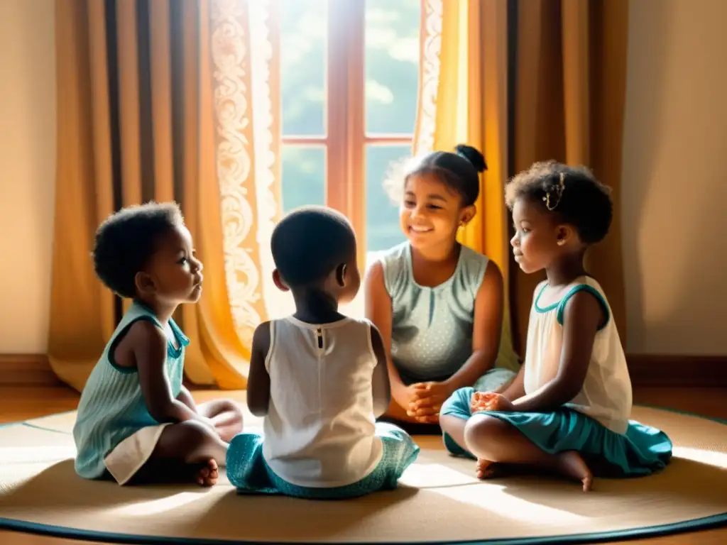 Un círculo de niños practica la respiración abdominal, con serenidad y luz cálida