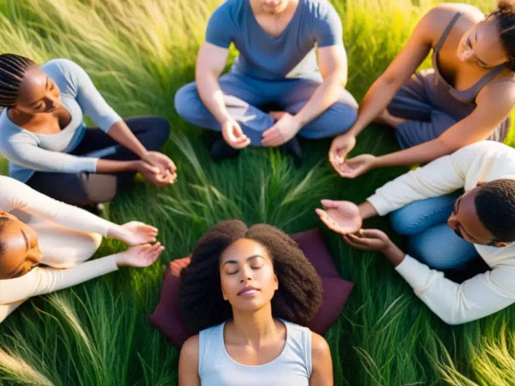 Un círculo de personas diversas practica la respiración consciente en un campo soleado, irradiando tranquilidad y paz interior