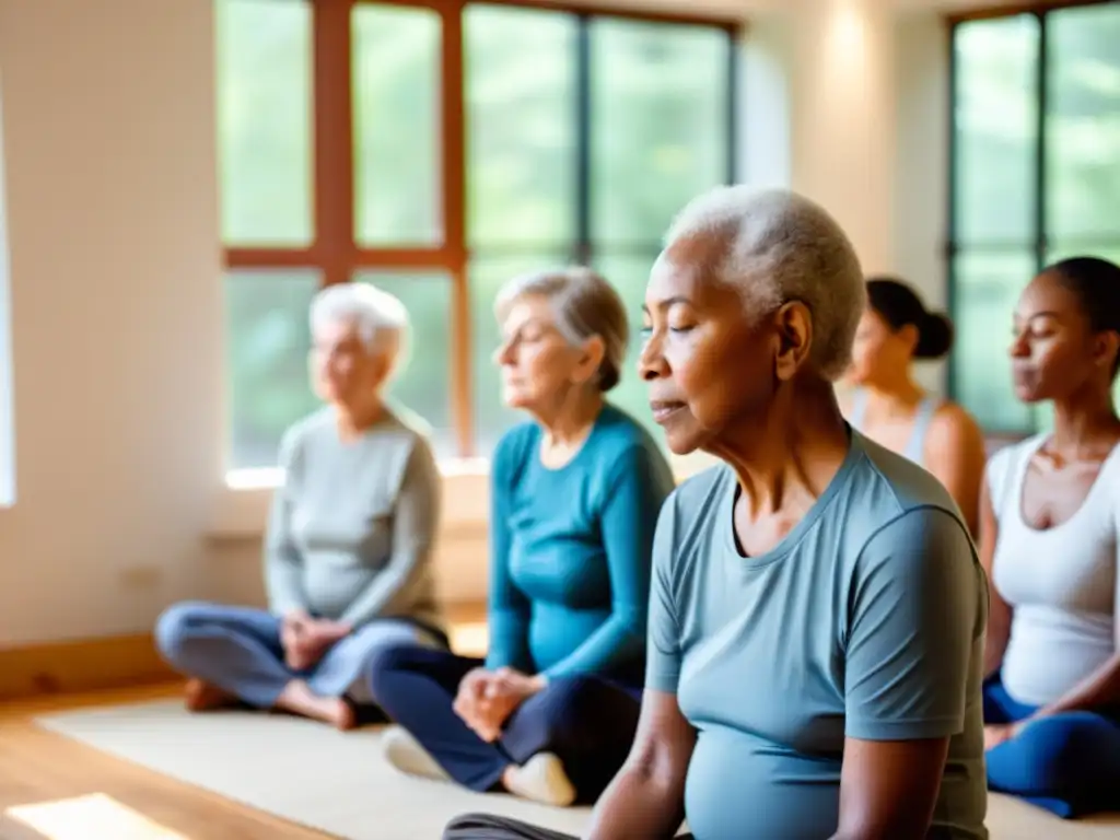 Un círculo de personas mayores practican ejercicios de respiración consciente en una habitación tranquila y luminosa