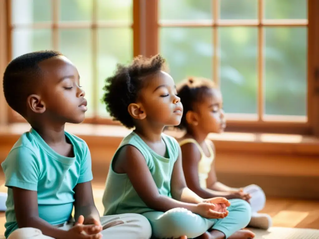 Un círculo de niños practica técnicas de respiración, concentrados y relajados, iluminados por una suave luz