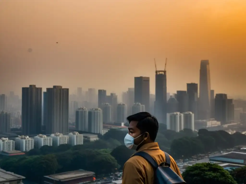 Una ciudad cubierta de smog con edificios apenas visibles