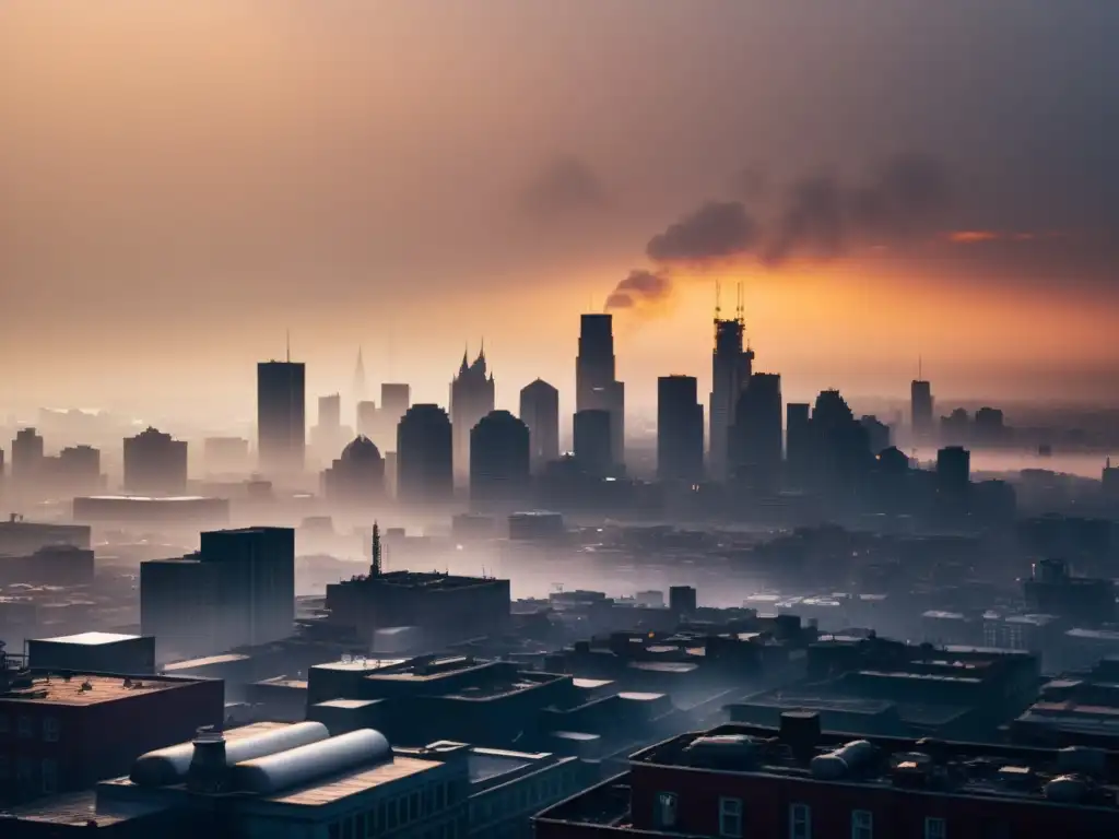 Una ciudad envuelta en densa contaminación del aire, con edificios y vehículos apenas visibles a través del espeso smog