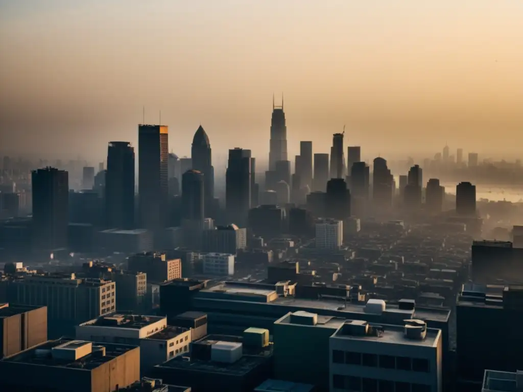 Una ciudad envuelta en una espesa neblina de contaminación, con el sol apenas visible