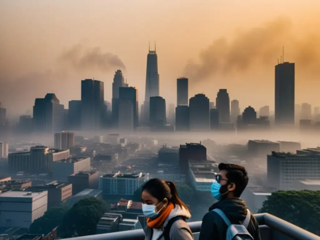 Una ciudad envuelta en smog, con personas usando máscaras mientras luchan por respirar