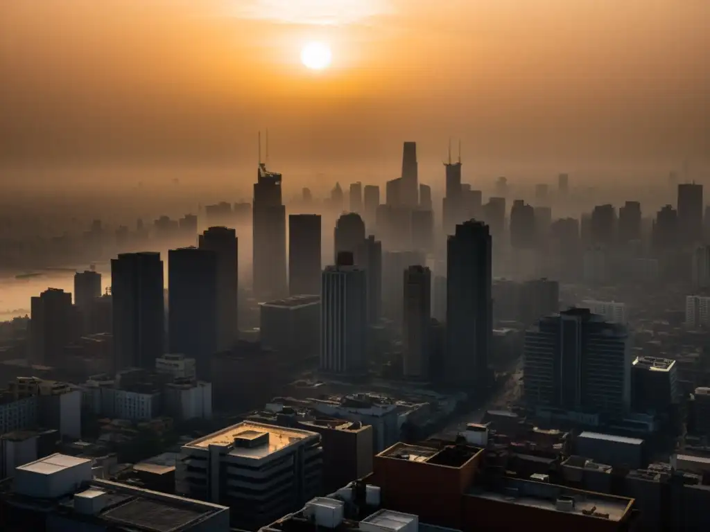 La ciudad envuelta en smog, con el sol apenas visible, proyecta un inquietante brillo anaranjado