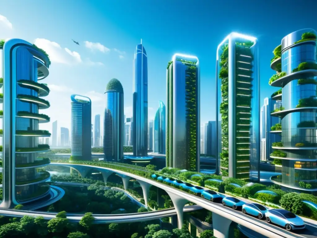 Una ciudad futurista con rascacielos, jardines verticales y vehículos de emisión cero
