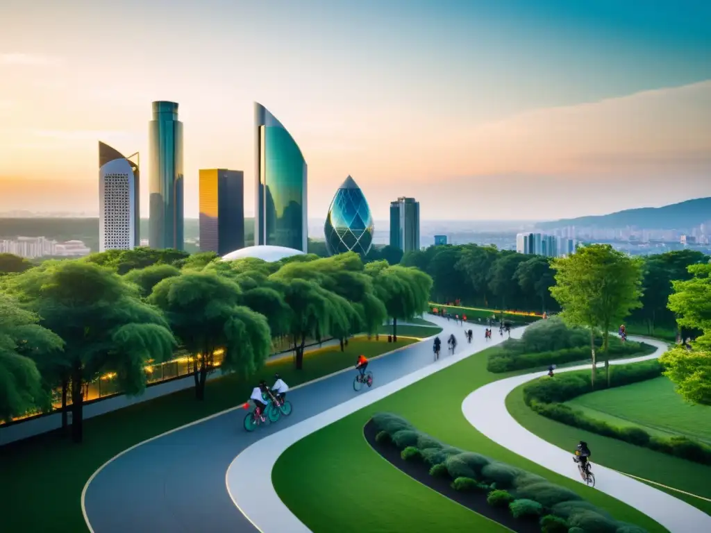 Metrópolis futurista en armonía: ciudad sostenible con naturaleza integrada Una ciudad futurista y serena al atardecer, con edificios innovadores y espacios verdes integrados