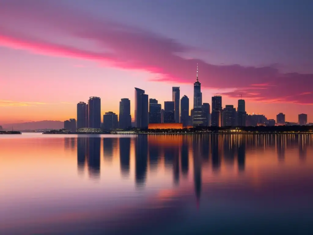 Atardecer sereno en la ciudad: panorama limpio y moderno Una ciudad moderna y serena al anochecer, con un ambiente libre de contaminación