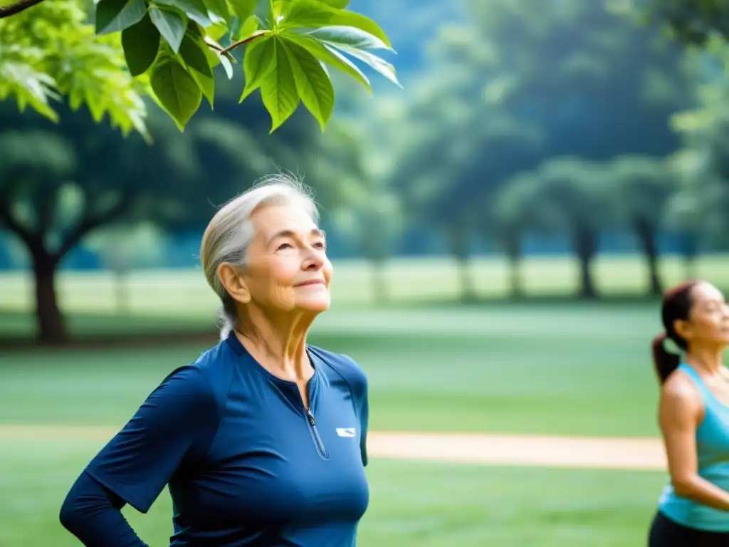 Clase al aire libre para mejorar capacidad pulmonar después 65 años, con ejercicios de respiración y estiramiento en un parque sereno