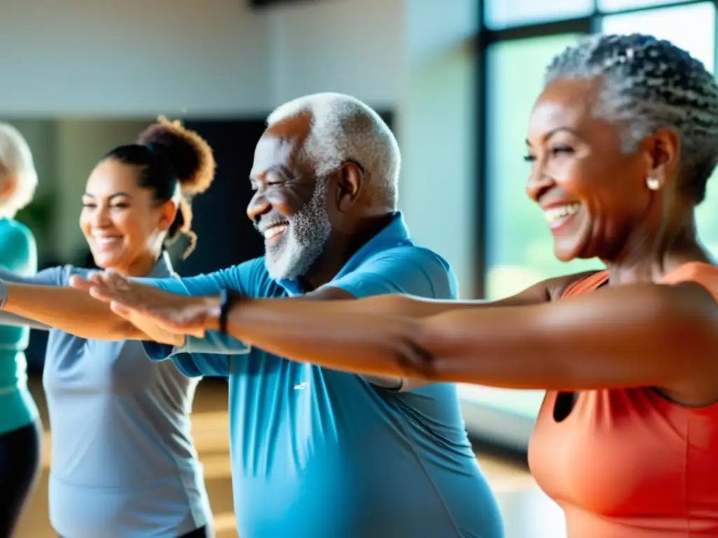 Clase de ejercicio para adultos mayores en un estudio luminoso