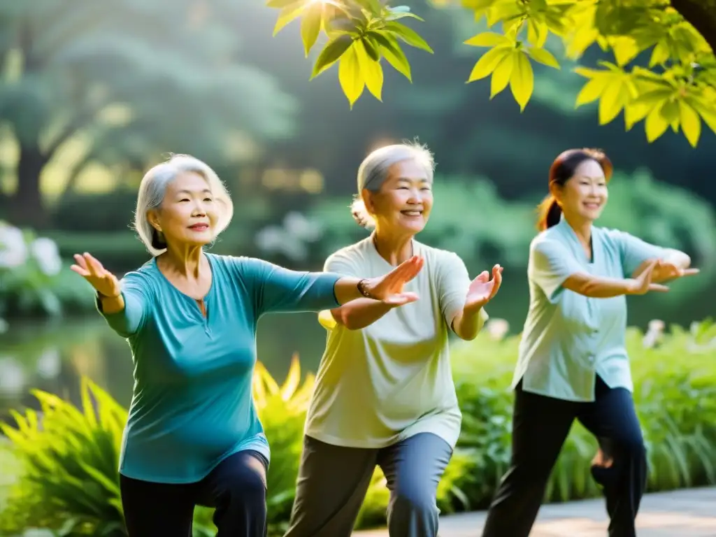 Clase de tai chi para mayores de 60 años en entorno natural, fomentando actividades físicas para mayores de 60 años con serenidad y vitalidad