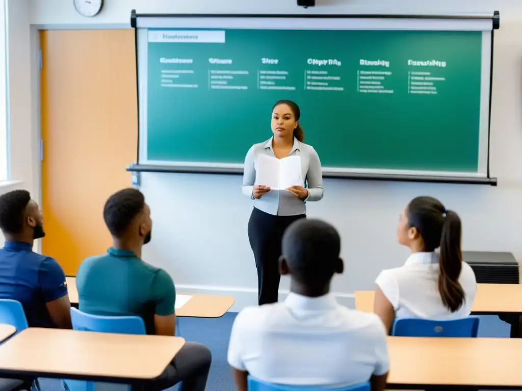 Clase moderna sobre beneficios respiración diafragmática con instructor y estudiantes comprometidos