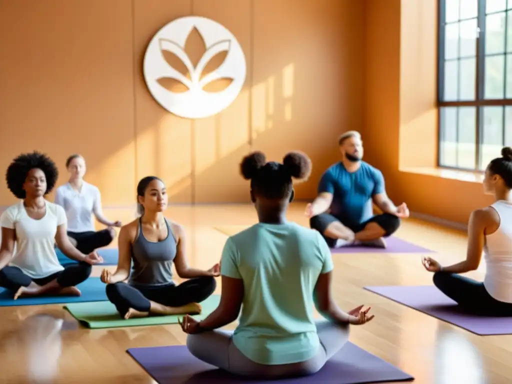 Una clase moderna con estudiantes en yoga, practicando técnicas de respiración innovadoras con luz natural