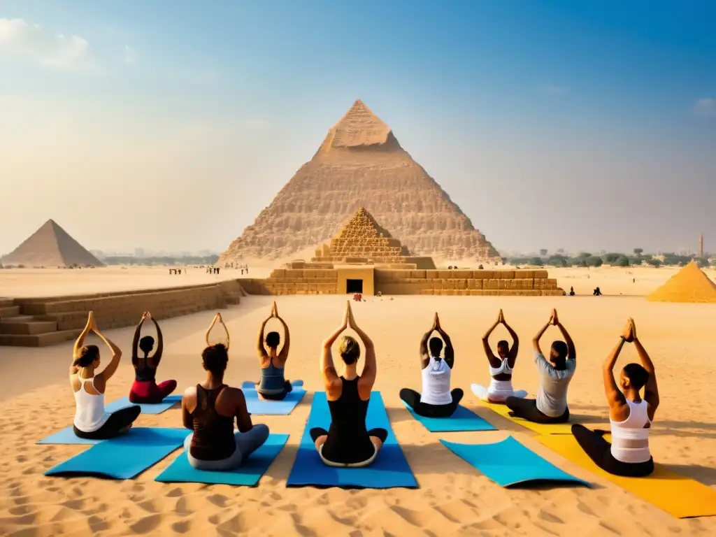 Clase de yoga moderna frente a las pirámides de Giza, practicando la respiración en el Antiguo Egipto bajo el cálido sol dorado