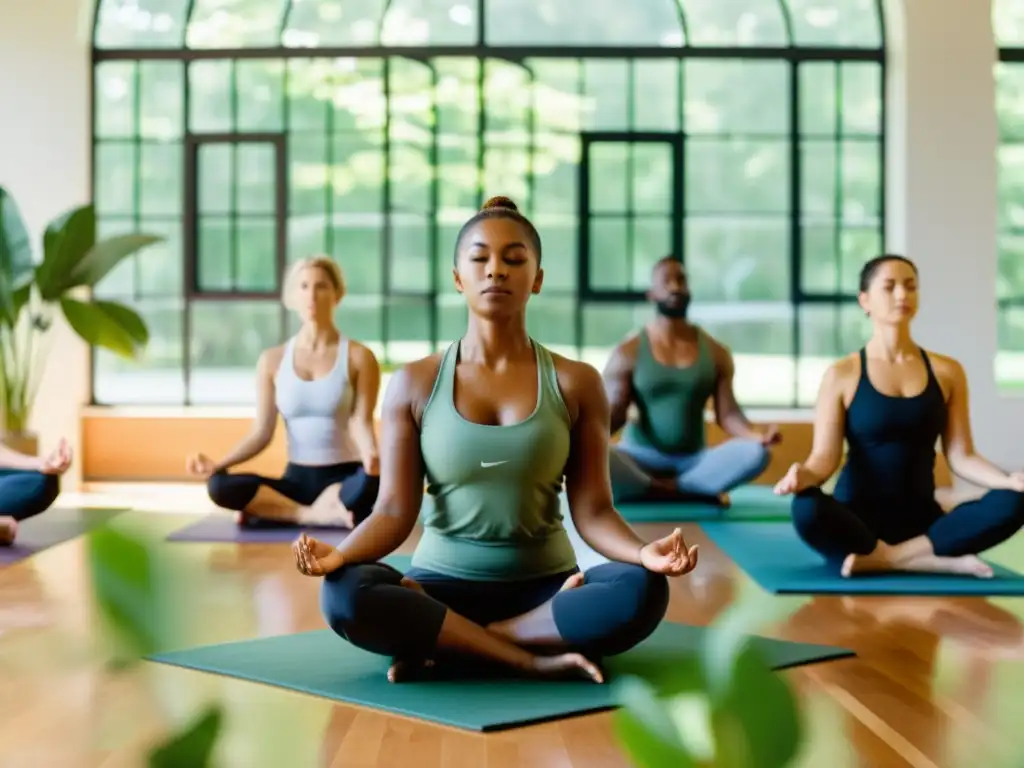 Una clase de respiración consciente en un estudio de yoga sereno con plantas verdes