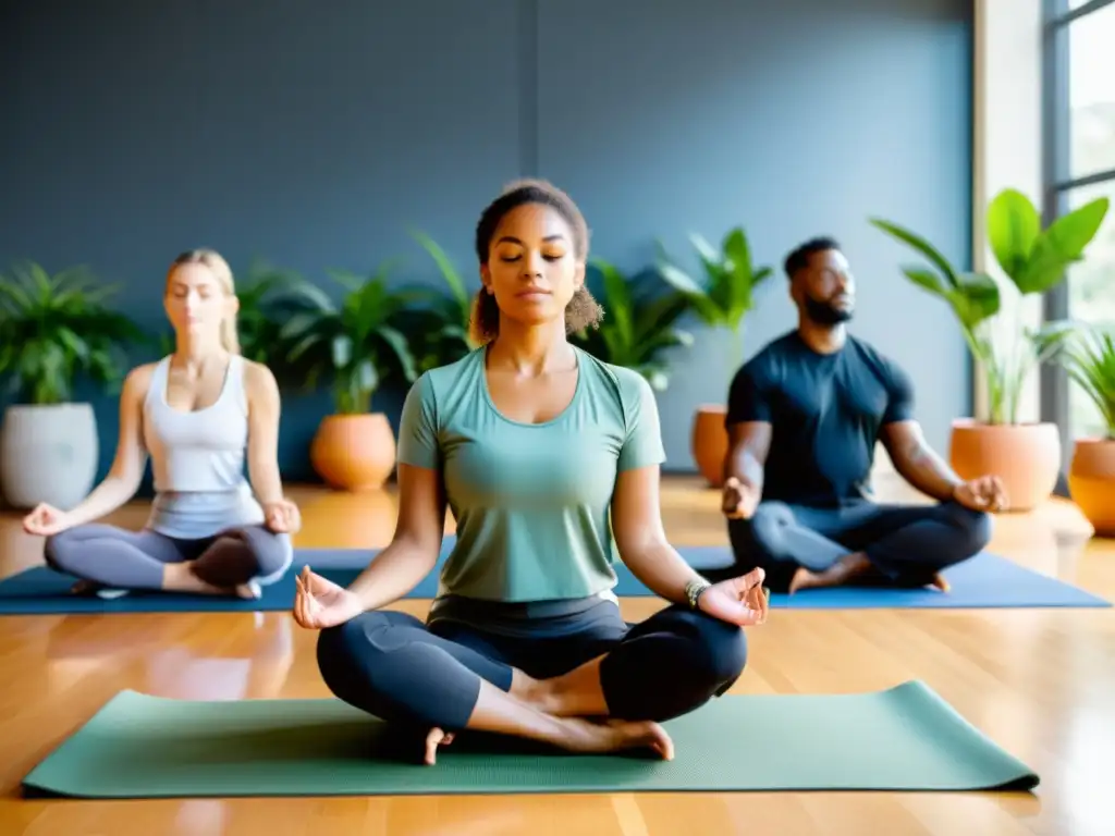 Una clase serena de mindfulness con estudiantes diversos practicando ejercicios de respiración