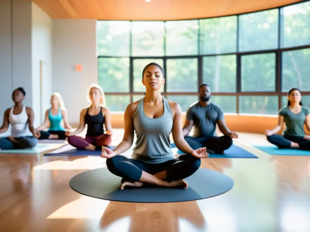 Clase tranquila de yoga en un aula moderna con luz natural