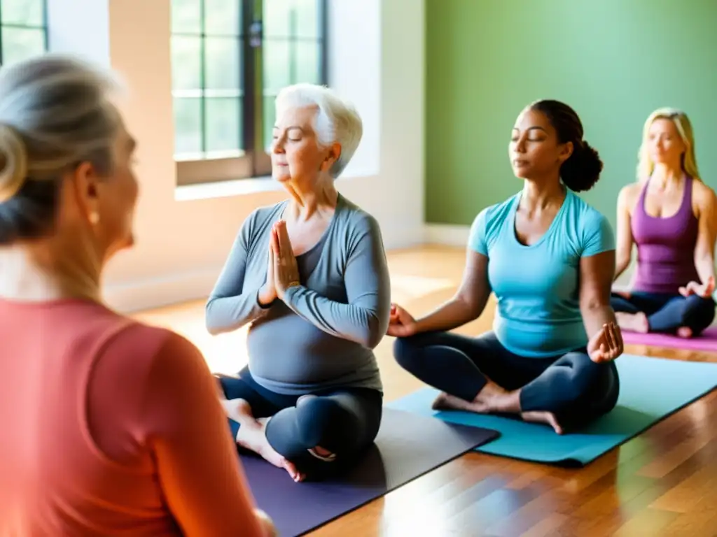 Clase de yoga para adultos mayores, practicando ejercicios de respiración