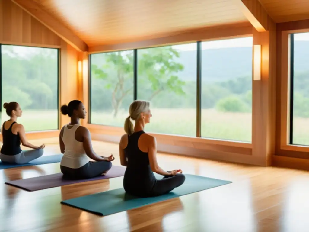 Clase de yoga respiratorio para personas mayores en estudio luminoso con vistas naturales