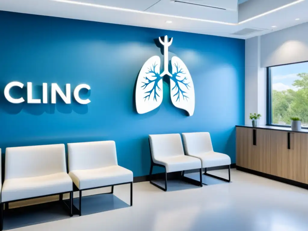 Espera en clínica respiratoria: mural de pulmones sanos y cielos azules, mobiliario moderno, luz natural y sutil identidad visual