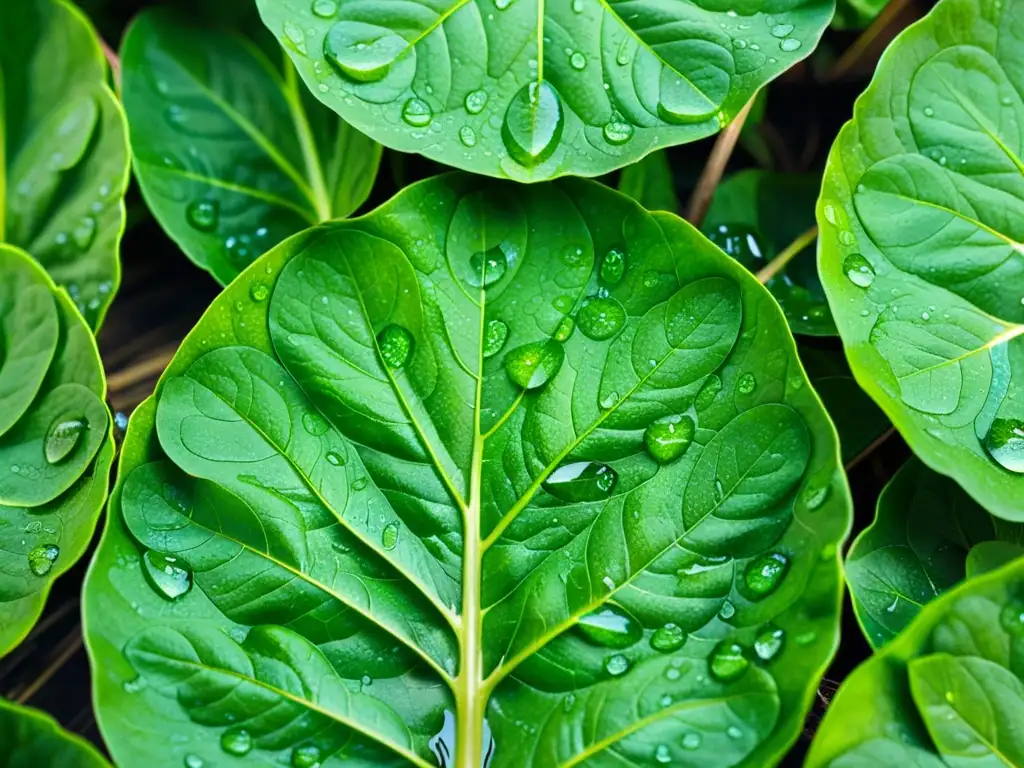 Un close-up detallado de hojas de espinaca verde vibrante con gotas de agua, destacando sus beneficios antioxidantes para la respiración