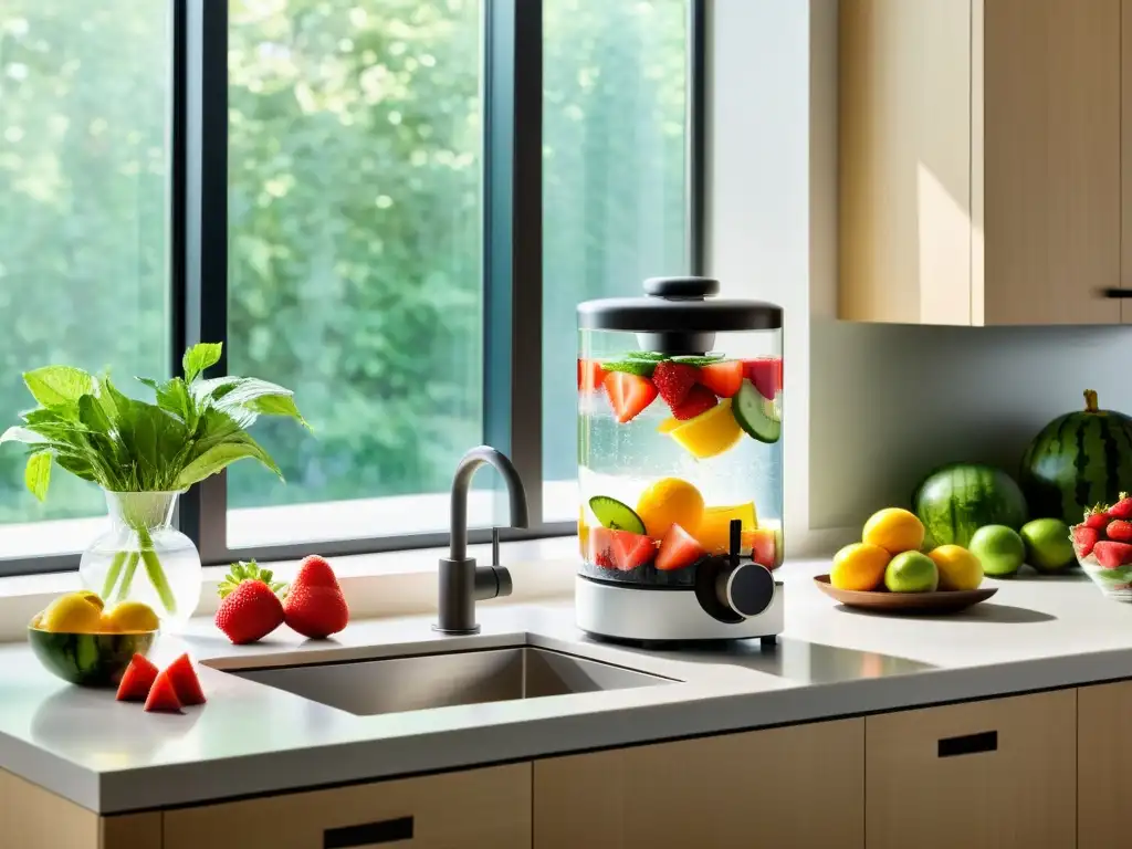 Una cocina moderna con un dispensador de agua de cristal rodeado de frutas vibrantes y refrescantes como sandía, pepino y fresas