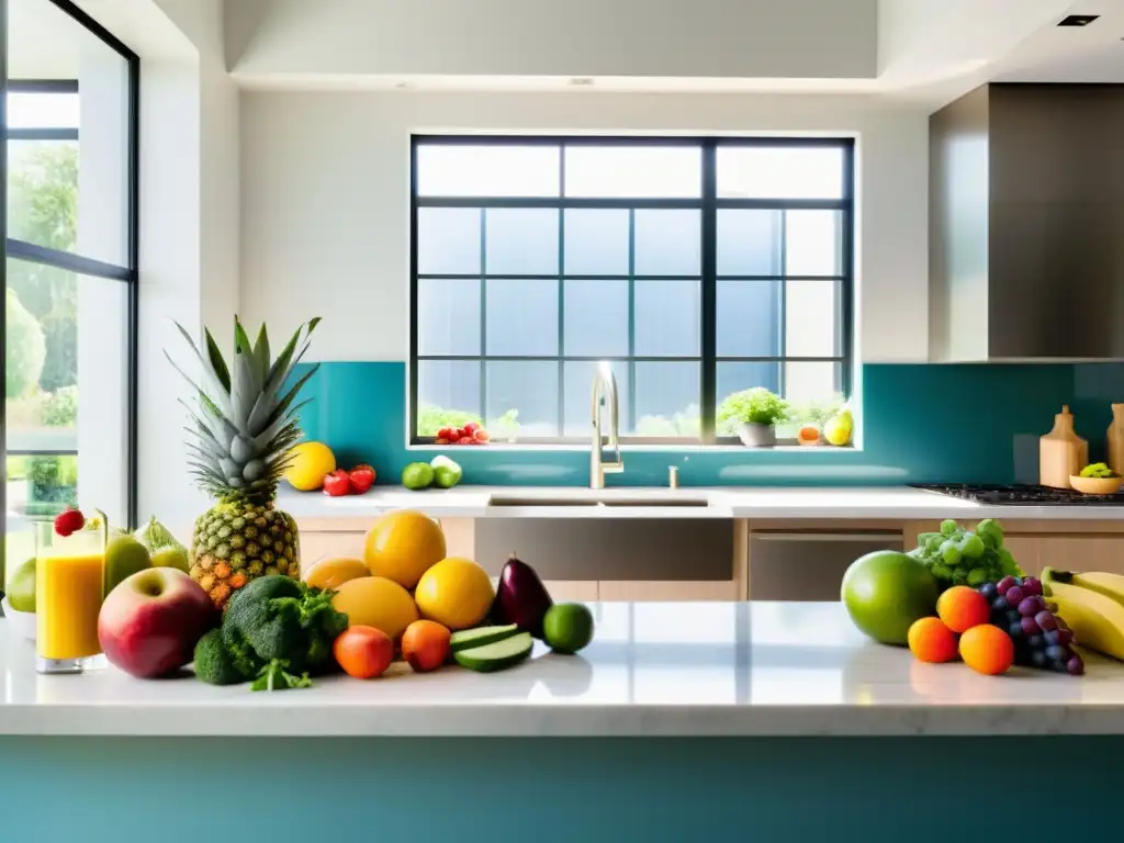 Una cocina moderna llena de frutas y verduras frescas, con luz natural que realza su color