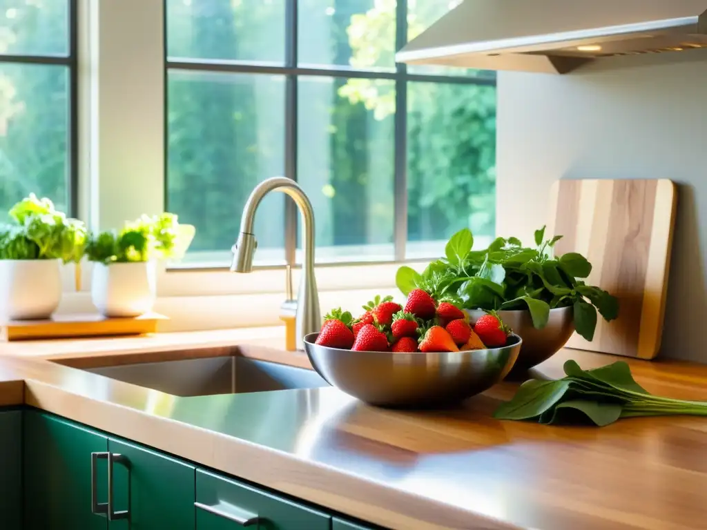 Una cocina moderna llena de frutas y verduras frescas, bañada por luz cálida