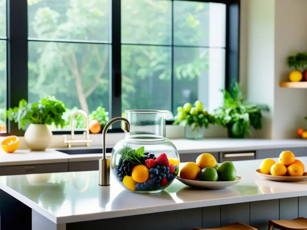 Una cocina moderna llena de frutas y verduras vibrantes, bañada por luz natural