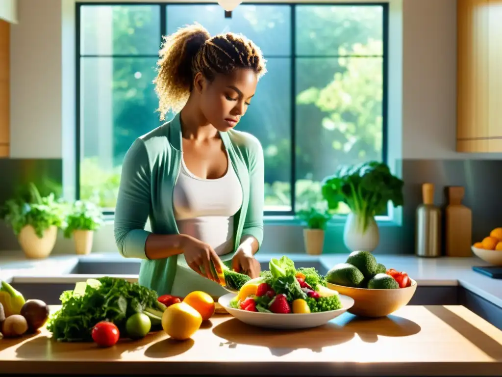 Una cocina moderna llena de frutas, verduras y granos enteros