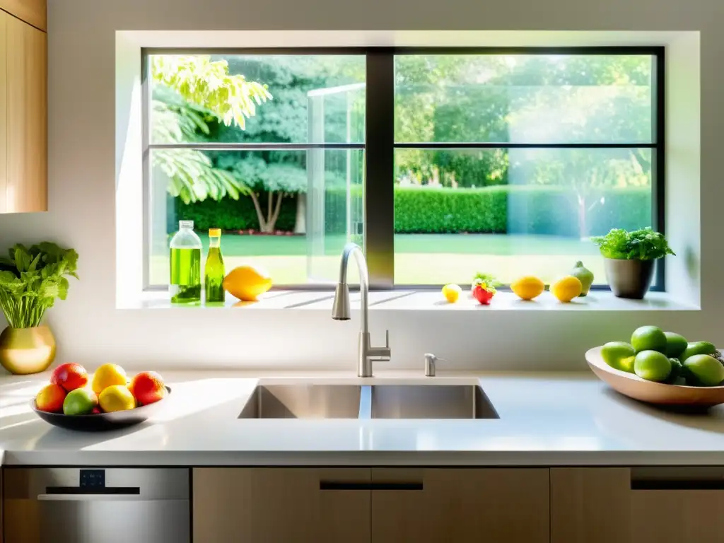 Una cocina moderna con luz natural, frutas frescas y vegetales coloridos