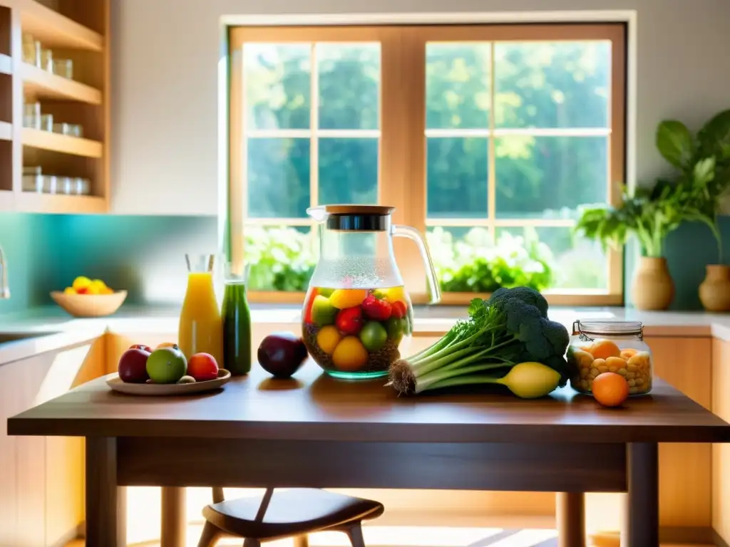 Una cocina moderna con una mesa de madera cubierta de frutas y verduras frescas