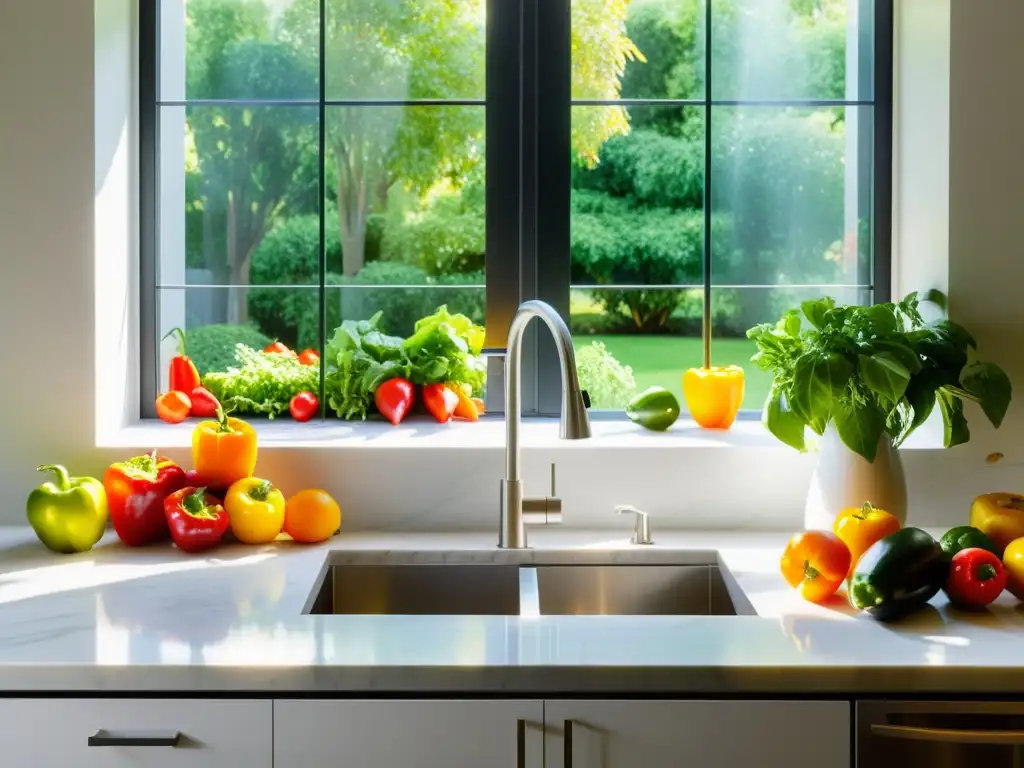 Una cocina moderna y serena con encimera de mármol blanco, luz natural y frutas y verduras frescas