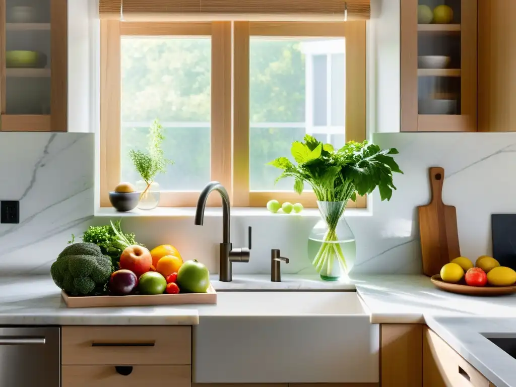 Una cocina moderna y serena con una encimera de mármol y una cesta de frutas, verduras y hierbas