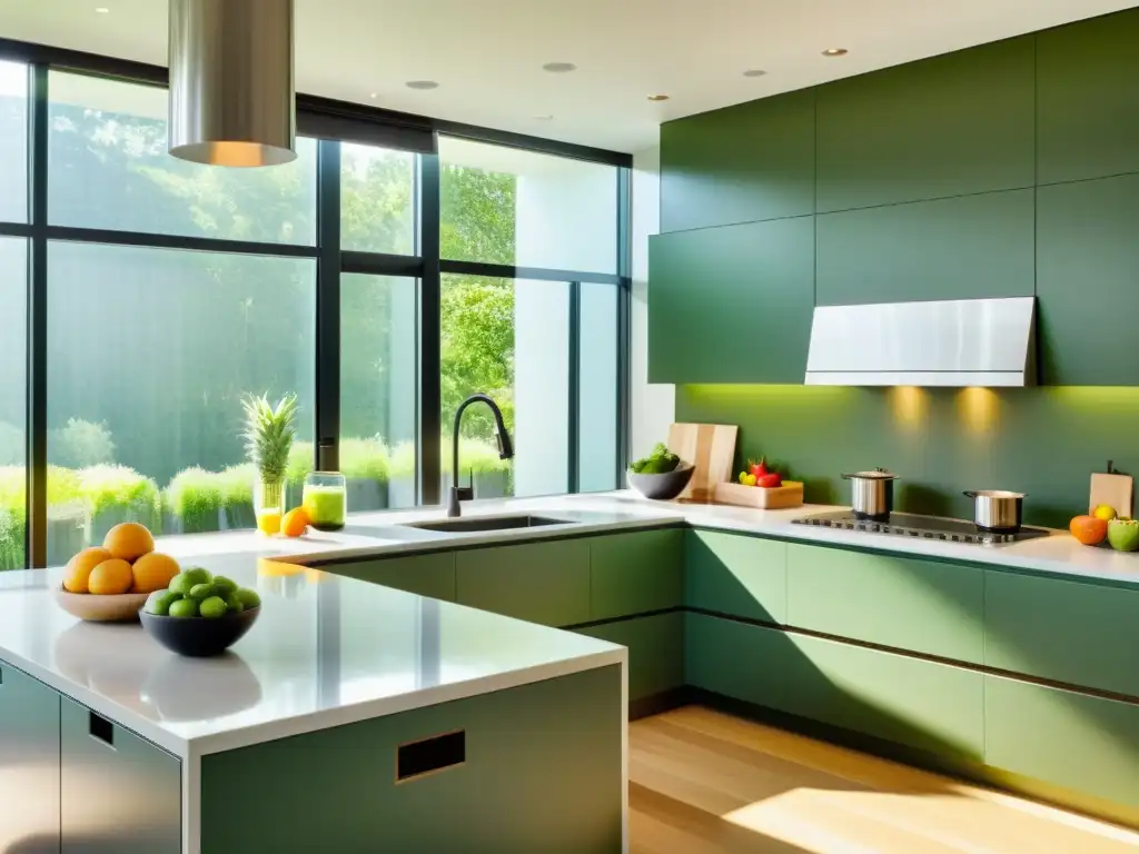 Cocina moderna y serena con frutas y vegetales frescos Una cocina moderna y serena con frutas y verduras coloridas, reflejando el plan alimenticio para mejorar respiración
