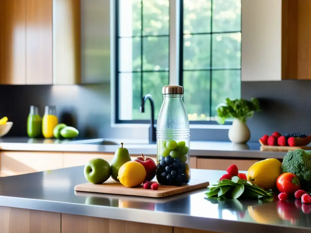 Una cocina moderna y serena con ingredientes saludables, una botella de agua y una figura practicando ejercicios de respiración