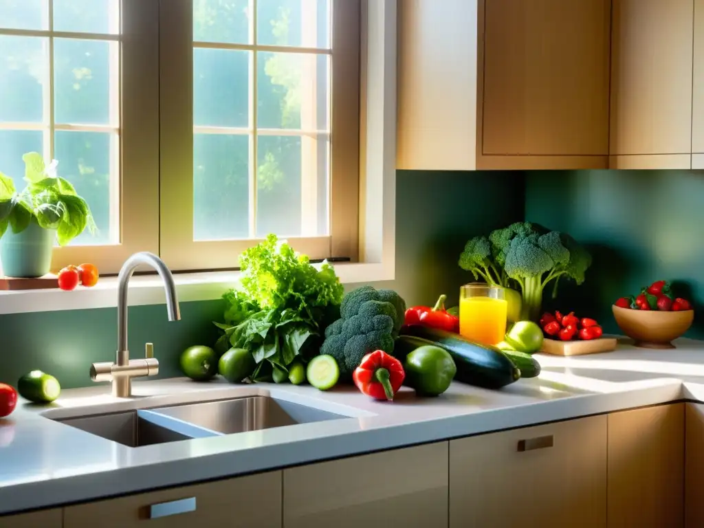 Una cocina moderna y serena llena de frutas y verduras alcalinas, bañada por la luz del sol