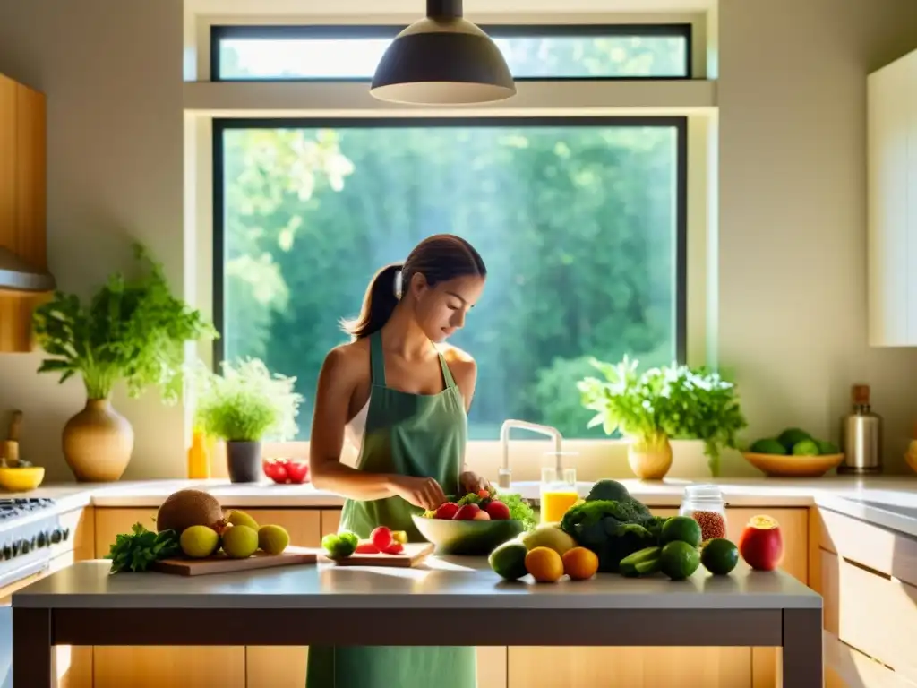 Una cocina moderna y serena con una mesa llena de alimentos frescos y una persona respirando profundamente