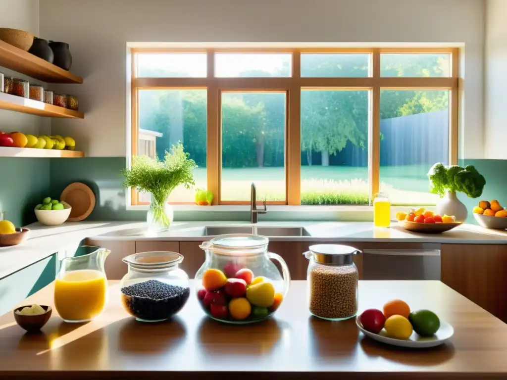 Una cocina moderna y serena con una mesa de madera repleta de frutas, verduras y frutos secos