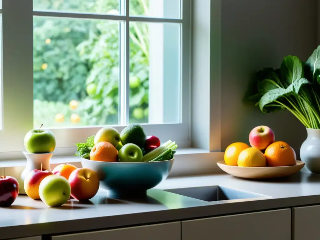 Una cocina moderna y serena con una variedad de frutas y verduras frescas, iluminadas por la luz natural